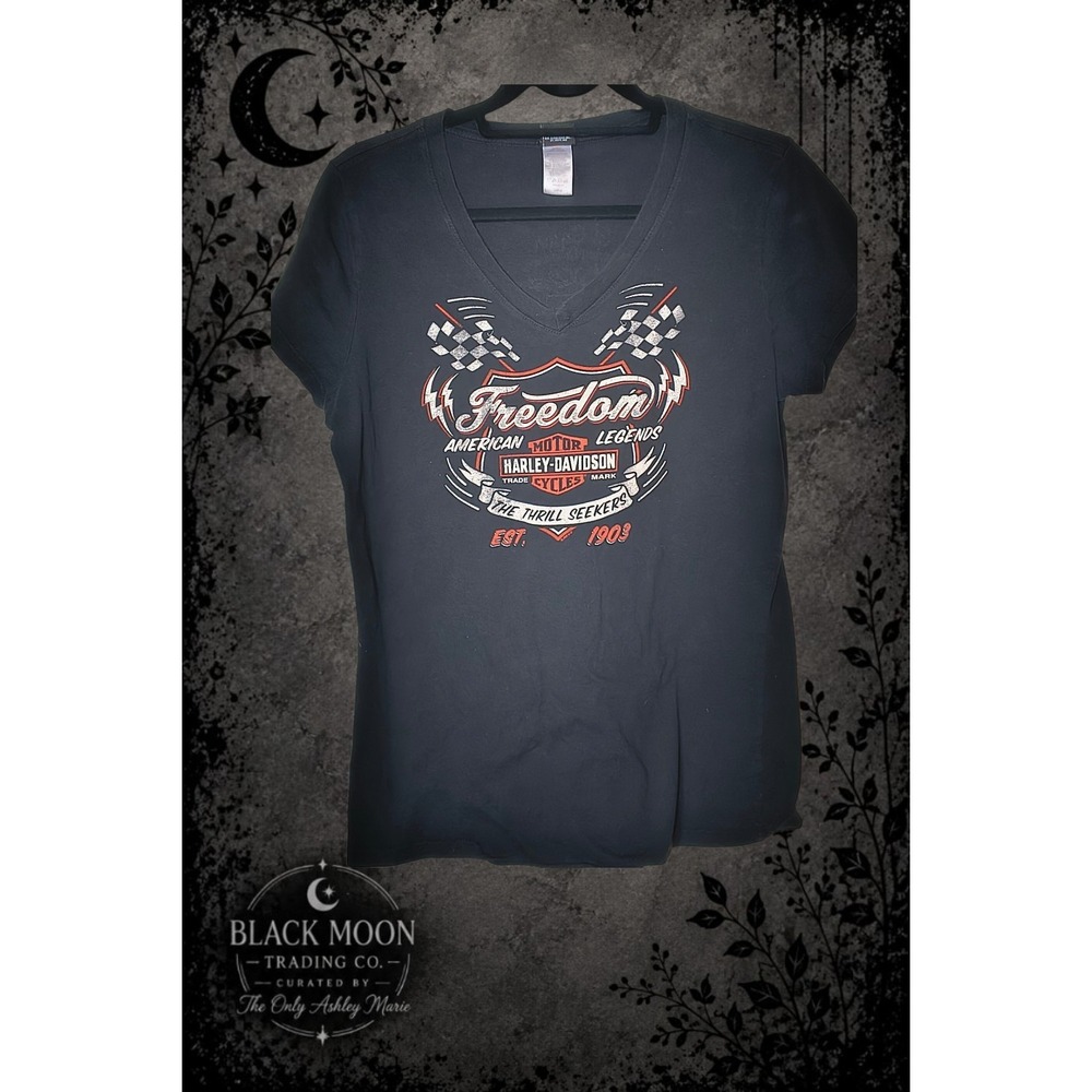 Harley-Davidson Women's Large Freedom American Motor Legends Black V-Neck Tee